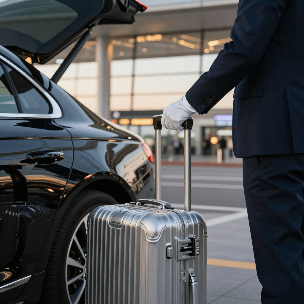 Motorista com veículo de luxo no aeroporto