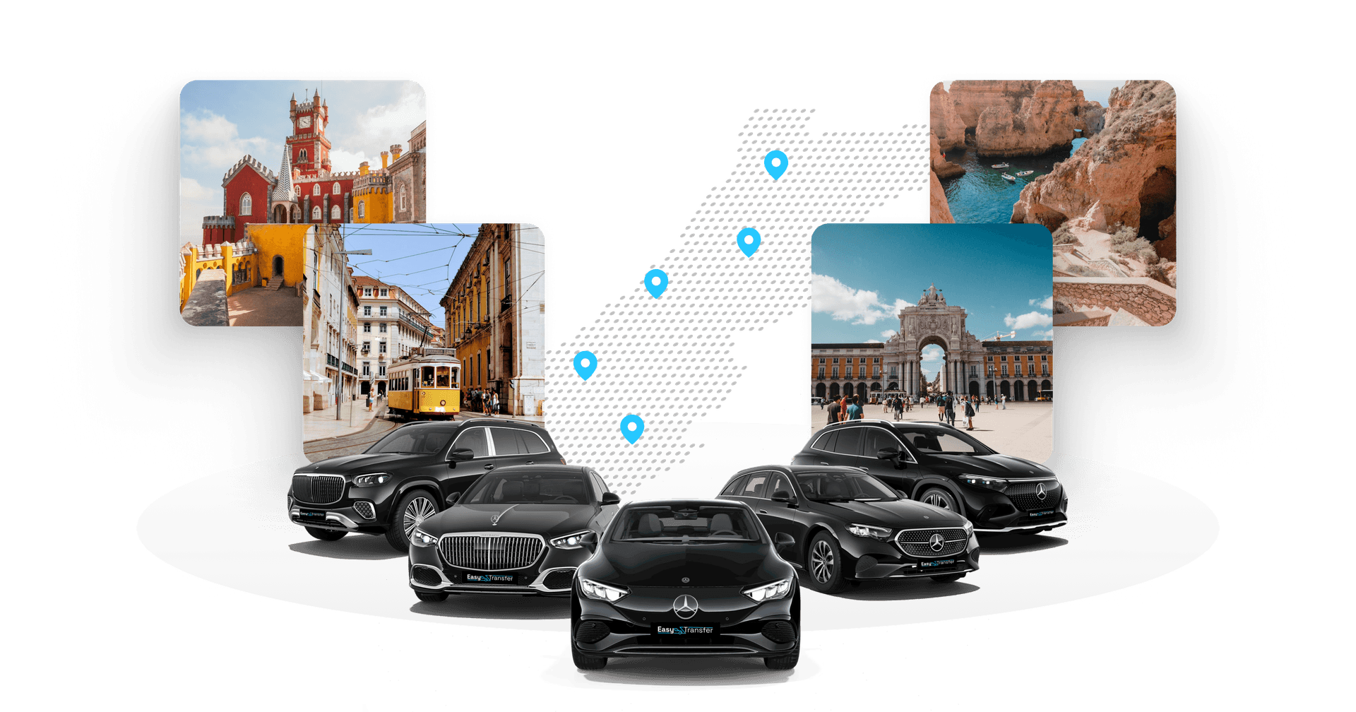 Veículos de transfer de luxo com destaques do destino