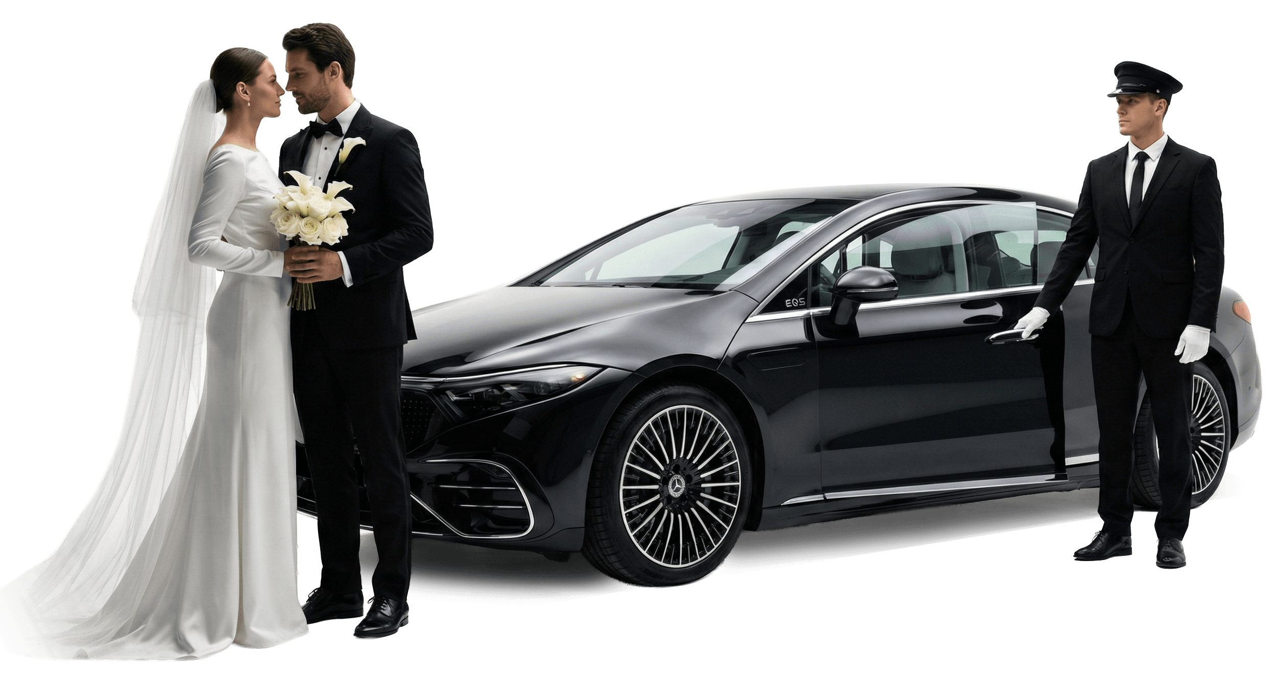 Noivos com motorista e sedan de luxo