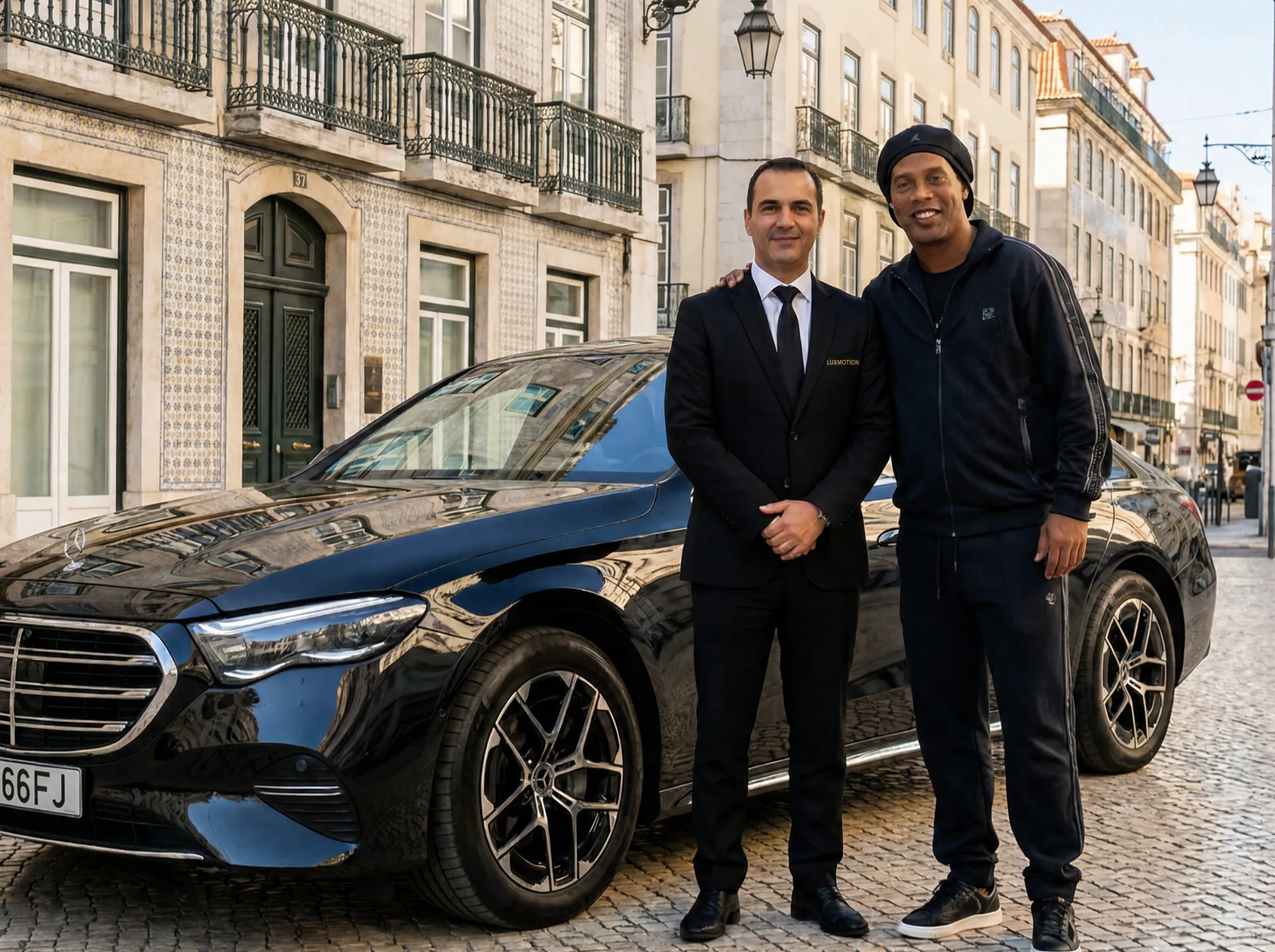 LuxMotion chauffeur with a VIP guest beside a Mercedes E-Class in Lisbon