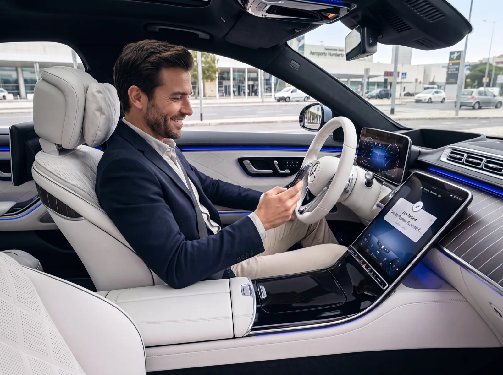 Chauffeur waiting at the airport at the wheel of a Mercedes S-Class