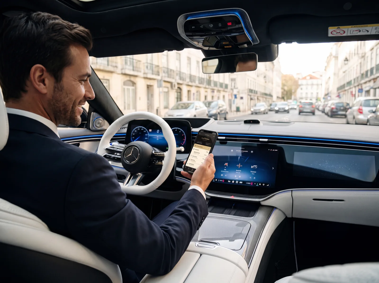 Chauffeur checking the app at the wheel of a Mercedes in Lisbon
