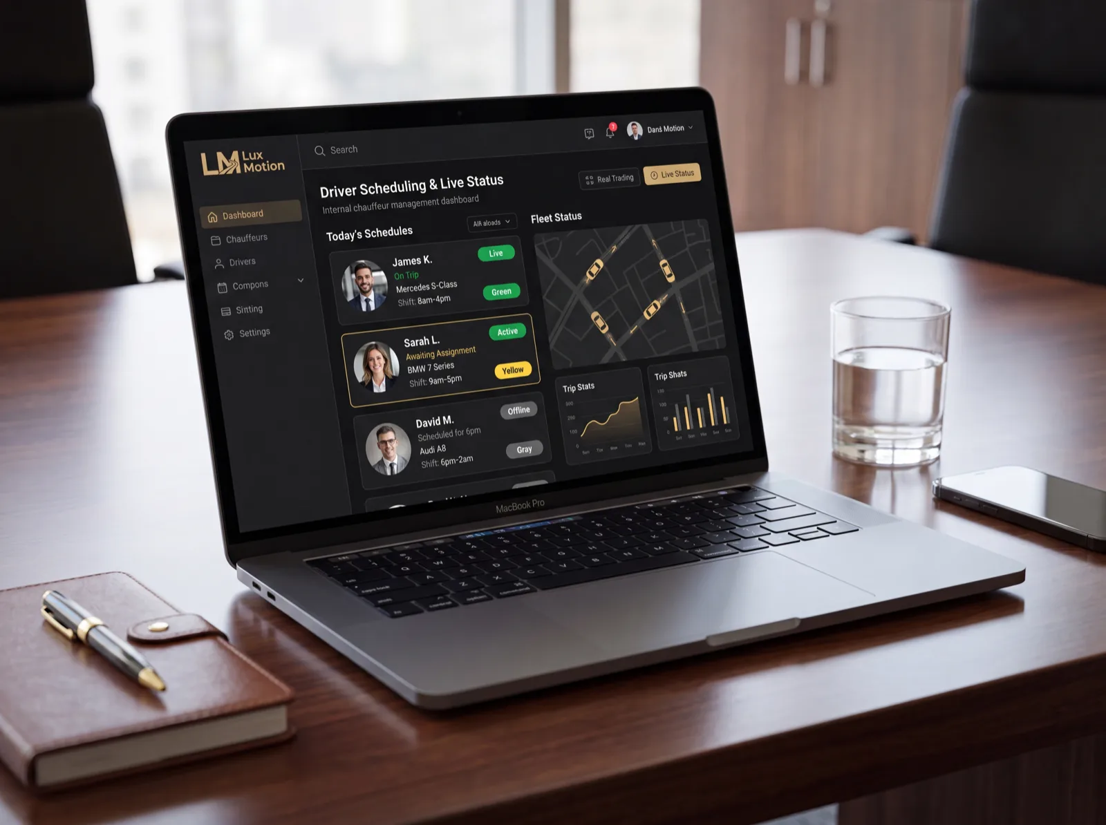 LuxMotion driver scheduling and live status dashboard on a laptop