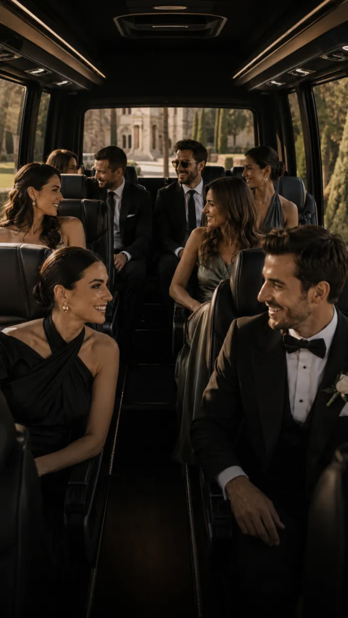 Wedding guests toasting inside coach