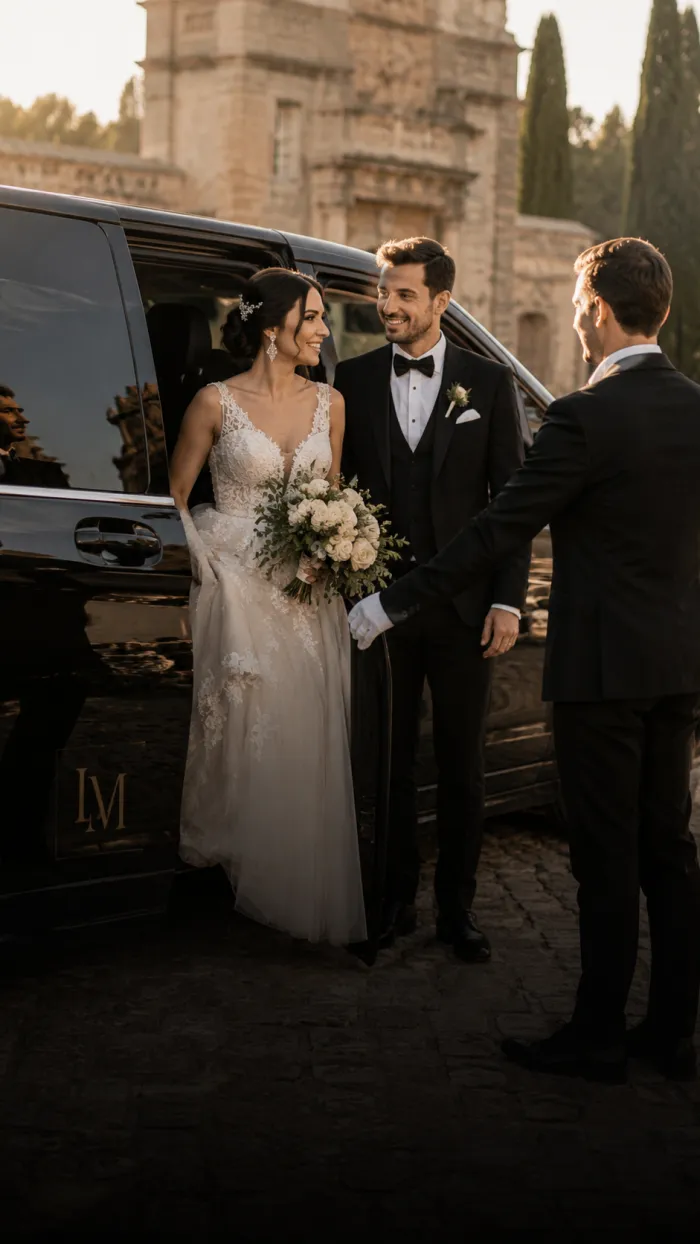 Bride and groom entering luxury vehicle