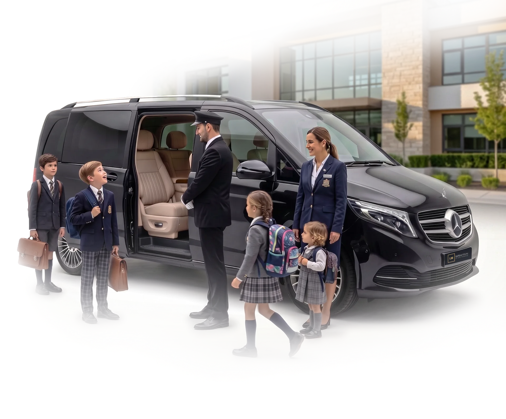 LuxMotion driver greeting children at the school entrance