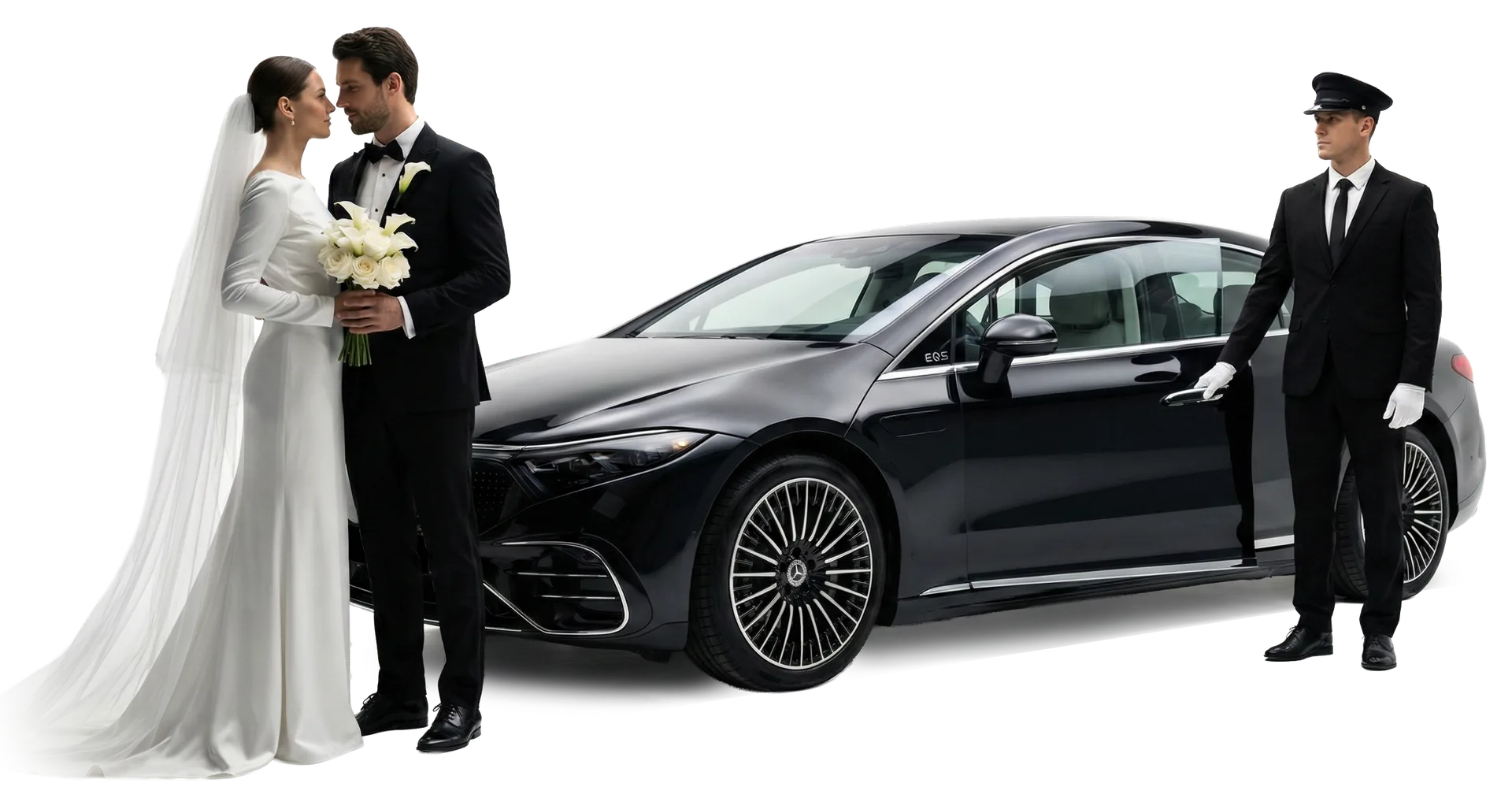 Couple and chauffeur with premium vehicle